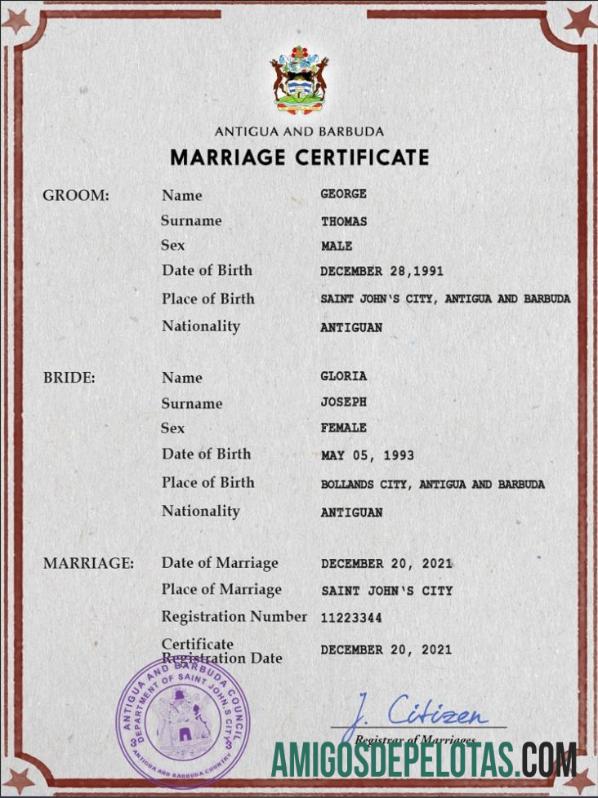 Realista modelo PSD de certidão de casamento de Antígua e Barbuda